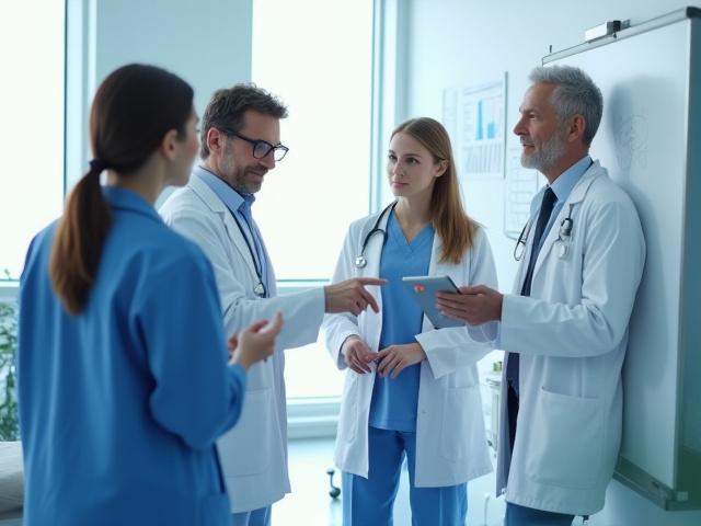 Orvosok csoportja beszélget egy modern rendelőben